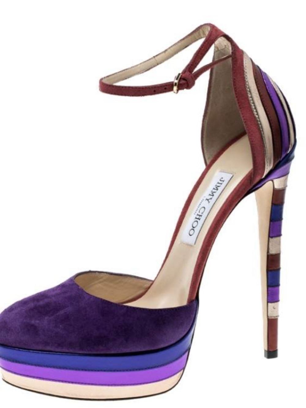 Jimmy Choo Purple Suede Ankle-Strap Platform Pump with Multicolor Heel